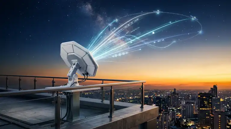 Starlink satellite dish terminal pointing toward low Earth orbit constellation
